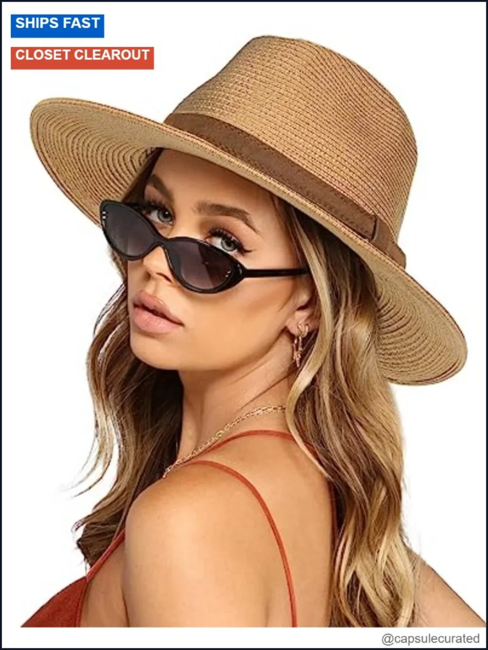 Wide Brim Paper Straw Fedora Sun Hat - UPF Protection, Adjustable Chin Strap,